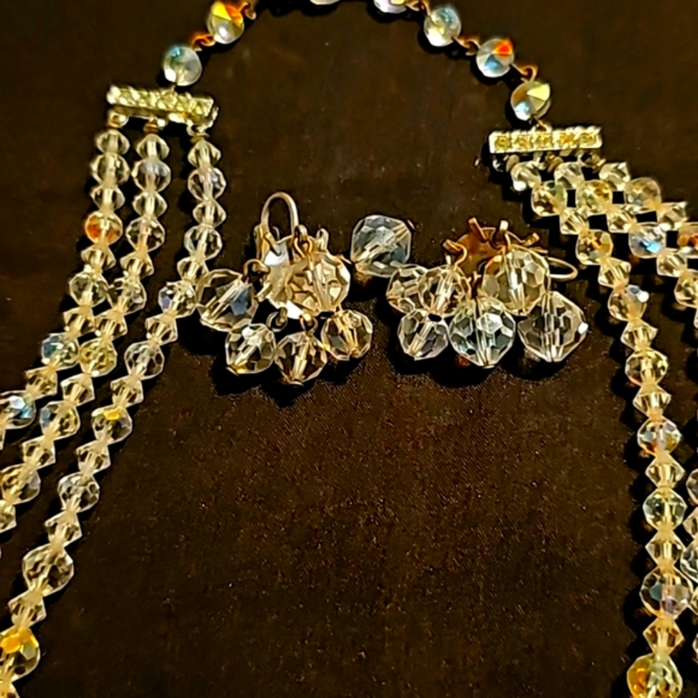 Vintage 3pc Coro Triple Strand Aurora Borealis Crystal Bead, Rhinestone Necklace